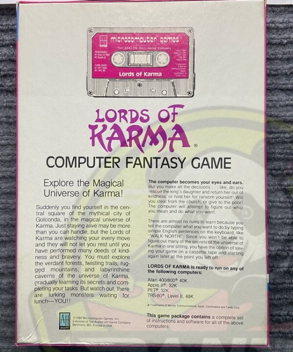 LORDS OF KARMA-ATARI 400/800,APPLE II, PET, TRS-80- CASSETTE-NTSC-BRAND NEW