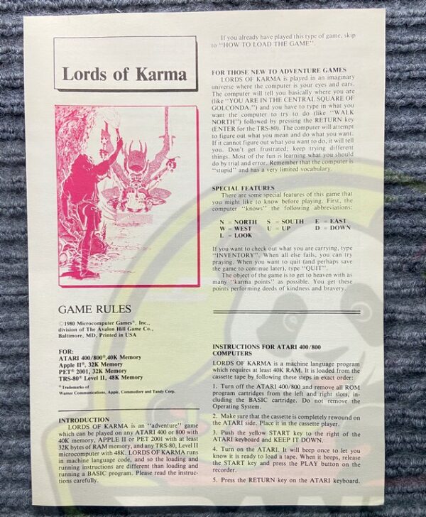 LORDS OF KARMA-ATARI 400/800,APPLE II, PET, TRS-80- CASSETTE-NTSC-BRAND NEW